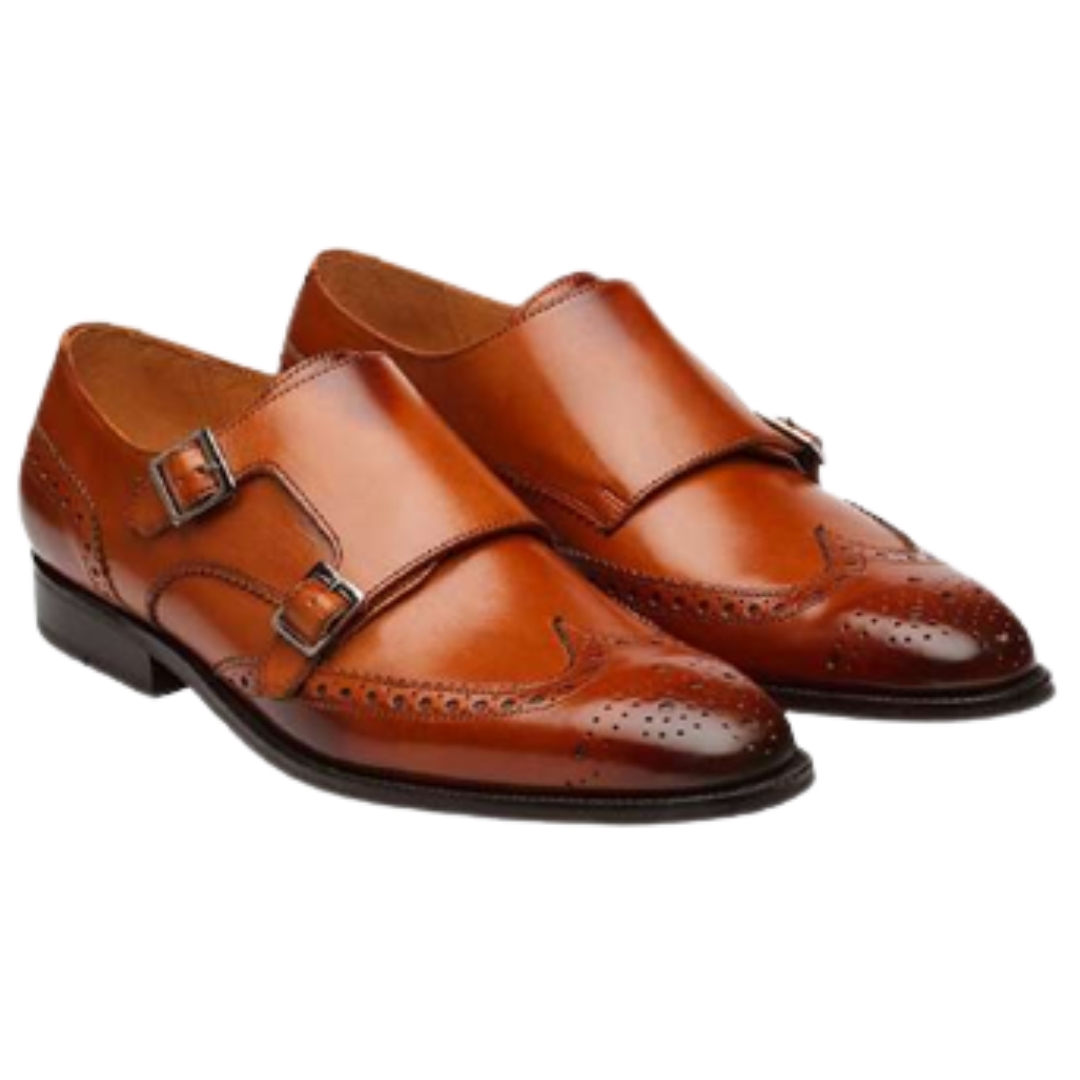 Leather Brogue Monk Straps Shoes